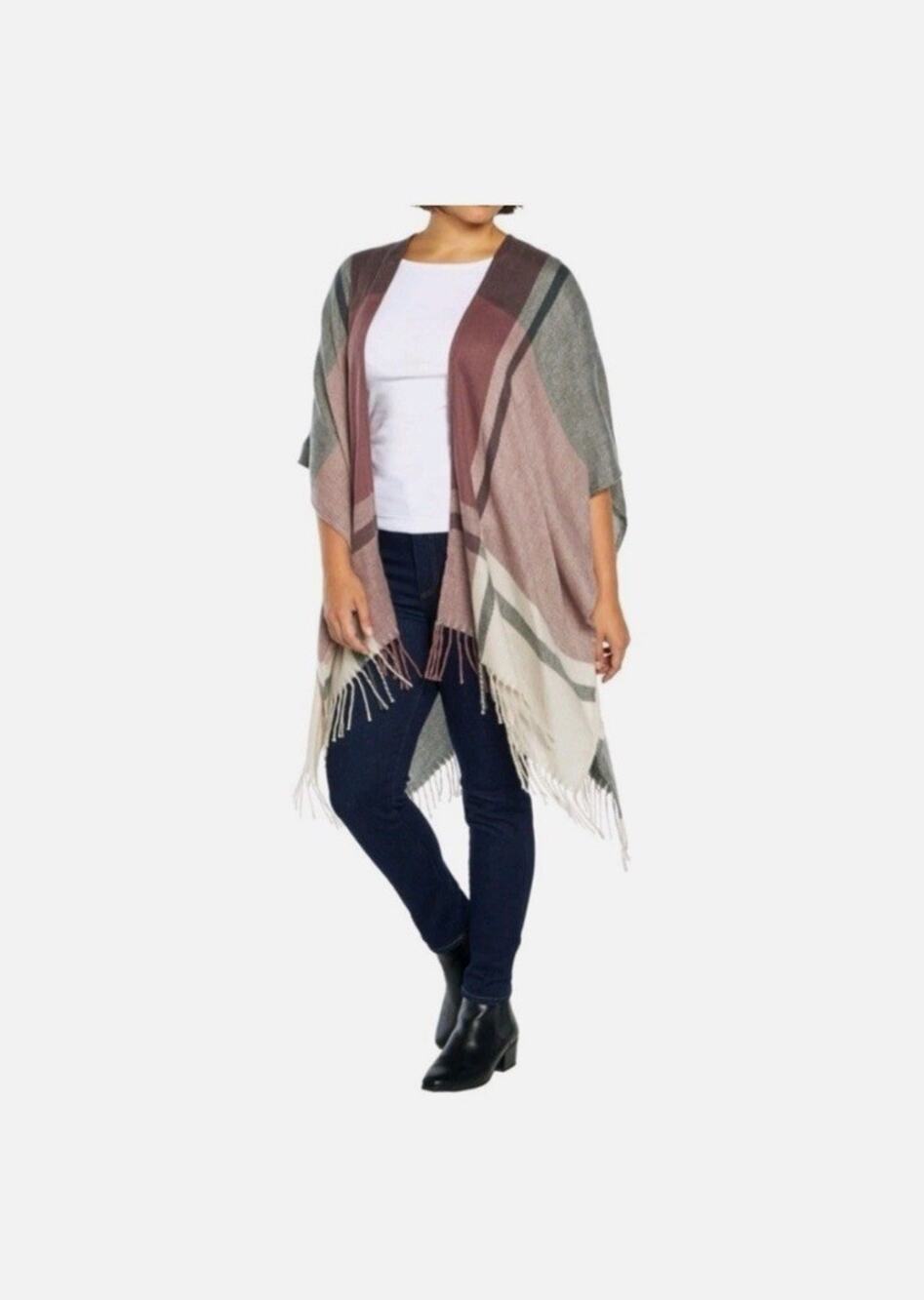 Three Dots Plaid Ruana Poncho One Size Burgandy Cashmere Wool Fringe Wrap Cozy